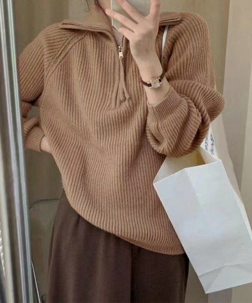 Miniministore(ミニミニストア)の「ハーフジップニットセータースタンドカラー(ニット/セーター・レディース・グレー/アイボリー/ブラック/ラベンダー/ピンク/キャメル・FREE)」の18枚目の写真