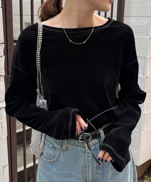 CIAOPANIC TYPY（チャオパニックティピー）の「サイドスリットシアーフロッキーベロア見えトップス（Tシャツ/カットソー・レディース・オフホワイト/グレー/ブラック/カーキ/キャメル/ブラウン・ONE SIZE）」の3枚目の写真