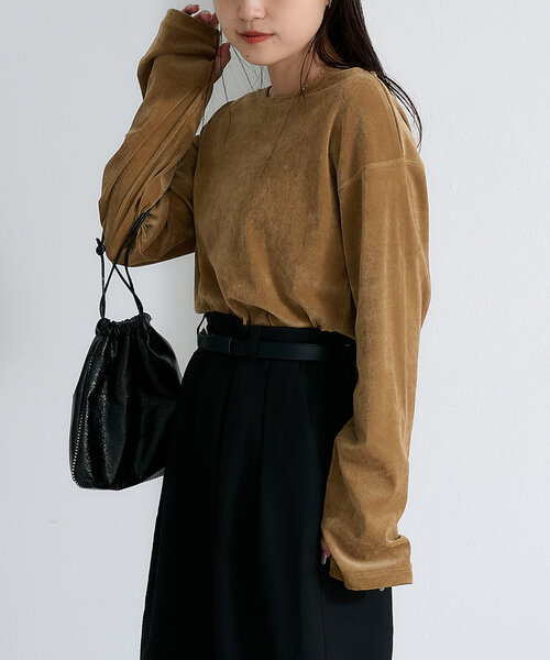 CIAOPANIC TYPY（チャオパニックティピー）の「サイドスリットシアーフロッキーベロア見えトップス（Tシャツ/カットソー・レディース・オフホワイト/グレー/ブラック/カーキ/キャメル/ブラウン・ONE SIZE）」の14枚目の写真