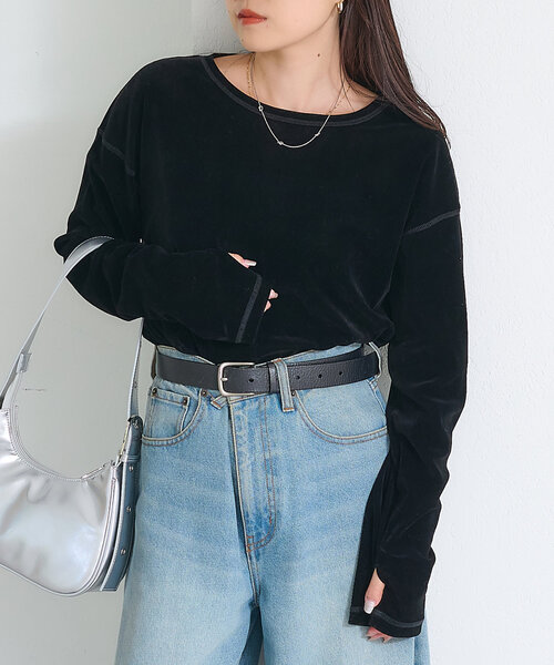 CIAOPANIC TYPY（チャオパニックティピー）の「サイドスリットシアーフロッキーベロア見えトップス（Tシャツ/カットソー・レディース・オフホワイト/グレー/ブラック/カーキ/キャメル/ブラウン・ONE SIZE）」の21枚目の写真