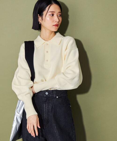 CITEN（シテン）の「＜CITEN＞エッセンシャルポロエリニット（ニット/セーター・レディース・オフホワイト/ダークグレー/ブラウン・FREE）」の4枚目の写真