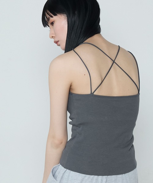 V neck back cross rib camisole with cups / 深Vネック バック