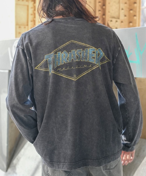 THRASHER(スラッシャー)の「POWDER BREACH L/S T-SHIRTS/THRASHER ピグメント ロンT 長袖Tシャツ ヴィンテージ加工 バックプリント ロゴT ストリート スケーター(Tシャツ/カットソー・メンズ・ブラック×ブルー/ブラック×イエロー/ブラック×グレー/ブラック×ホワイト・MEDIUM/LARGE/X-LARGE)」の4枚目の写真