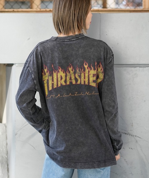 THRASHER(スラッシャー)の「POWDER BREACH L/S T-SHIRTS/THRASHER ピグメント ロンT 長袖Tシャツ ヴィンテージ加工 バックプリント ロゴT ストリート スケーター(Tシャツ/カットソー・メンズ・ブラック×ブルー/ブラック×イエロー/ブラック×グレー/ブラック×ホワイト・MEDIUM/LARGE/X-LARGE)」の9枚目の写真