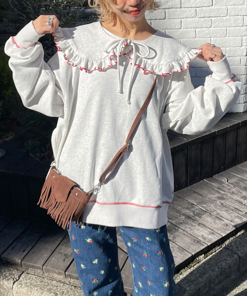 HELLO.SANFRANCISCO(ハローサンフランシスコ)の「【HELLO.SANFRANCISCO/ハローサンフランシスコ】ビックカラー襟付スウェット(Tシャツ/カットソー・レディース・チャコールグレー/グレー/レッド/ライトグレー/ネイビー・ONE SIZE)」の1枚目の写真