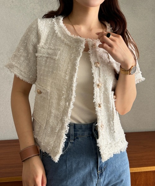 efill（エフィル）の「サマー ツイード ショート ジャケット（ノーカラージャケット・レディース・ホワイト・FREE）」の4枚目の写真