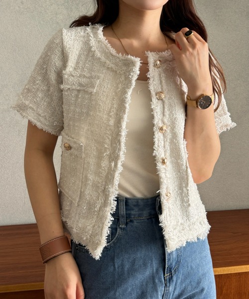 efill（エフィル）の「サマー ツイード ショート ジャケット（ノーカラージャケット・レディース・ホワイト・FREE）」の5枚目の写真