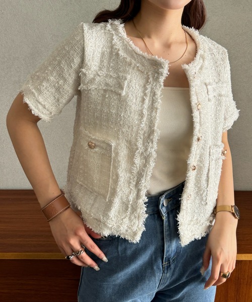efill（エフィル）の「サマー ツイード ショート ジャケット（ノーカラージャケット・レディース・ホワイト・FREE）」の19枚目の写真