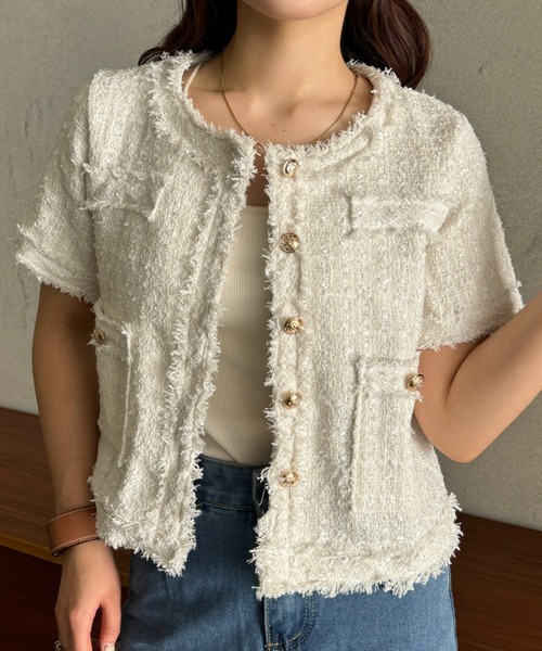 efill（エフィル）の「サマー ツイード ショート ジャケット（ノーカラージャケット・レディース・ホワイト・FREE）」の14枚目の写真