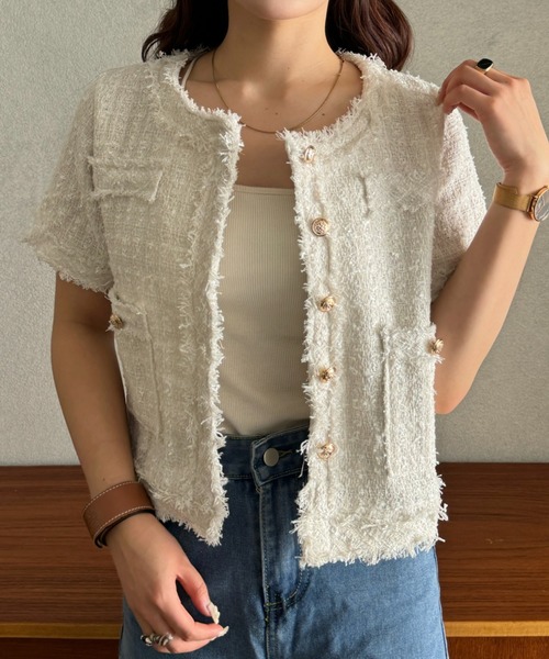 efill（エフィル）の「サマー ツイード ショート ジャケット（ノーカラージャケット・レディース・ホワイト・FREE）」の10枚目の写真