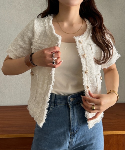 efill（エフィル）の「サマー ツイード ショート ジャケット（ノーカラージャケット・レディース・ホワイト・FREE）」の18枚目の写真