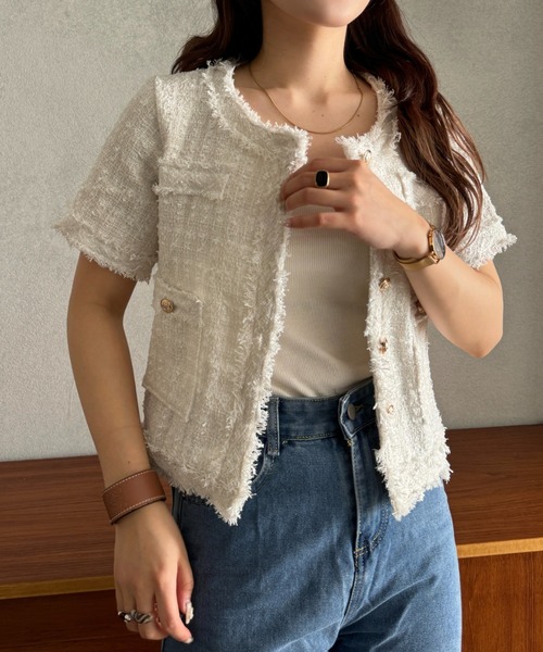 efill（エフィル）の「サマー ツイード ショート ジャケット（ノーカラージャケット・レディース・ホワイト・FREE）」の16枚目の写真