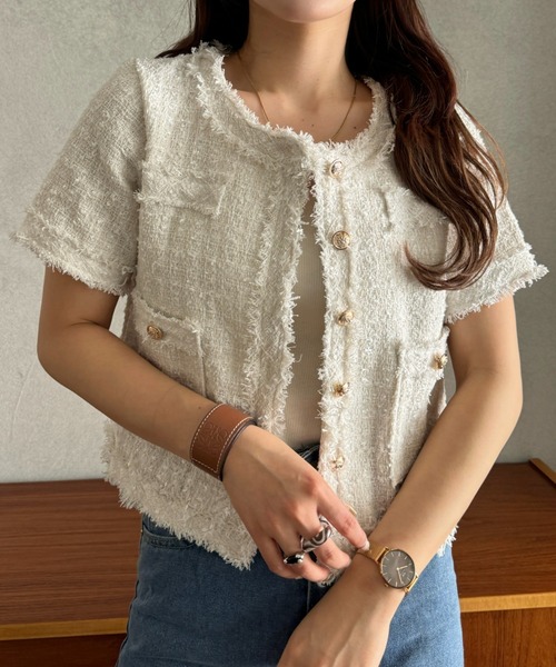 efill（エフィル）の「サマー ツイード ショート ジャケット（ノーカラージャケット・レディース・ホワイト・FREE）」の3枚目の写真