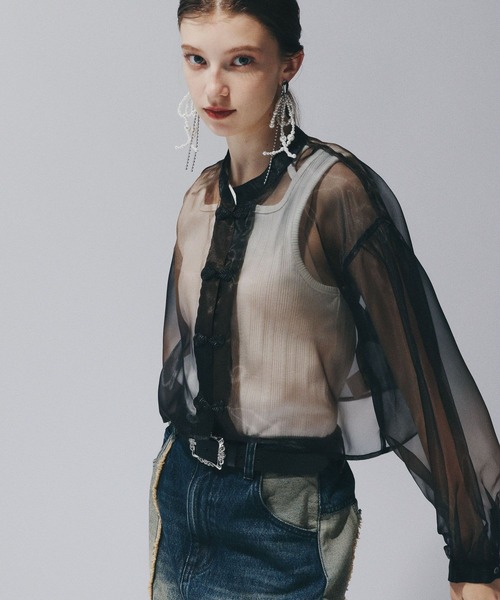 HARE（ハレ）の「チャイナショートシアーシャツ(HARE)（シャツ/ブラウス・レディース・ブルー/レッドパープル/オレンジ/ブラック・FREE）」の14枚目の写真