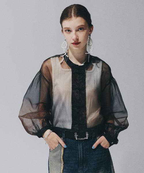 HARE（ハレ）の「チャイナショートシアーシャツ(HARE)（シャツ/ブラウス・レディース・ブルー/レッドパープル/オレンジ/ブラック・FREE）」の11枚目の写真