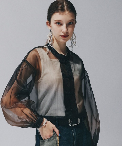 HARE（ハレ）の「チャイナショートシアーシャツ(HARE)（シャツ/ブラウス・レディース・ブルー/レッドパープル/オレンジ/ブラック・FREE）」の12枚目の写真