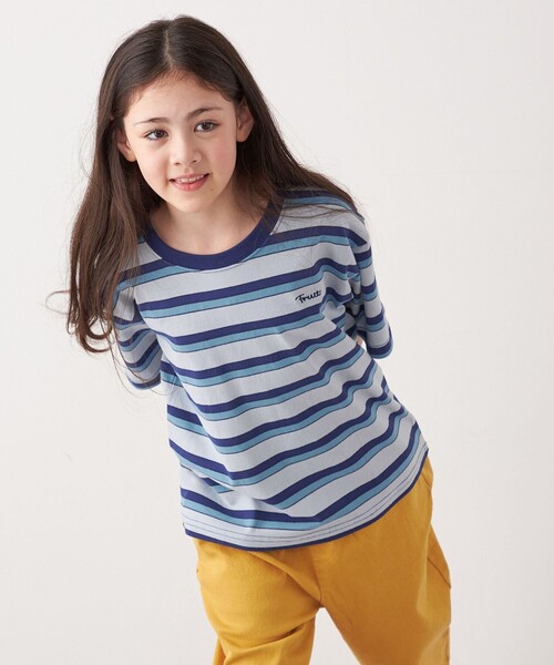 FRUIT OF THE LOOM（フルーツオブザルーム）の「FRUIT OF THE LOOM: 刺繍 ロゴ カラー ボーダー Tシャツ<KIDS>（Tシャツ/カットソー・キッズ・イエロー/ライトブルー・110/150/130）」の2枚目の写真