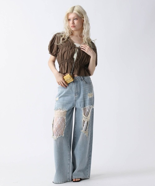 FOREVER 21（フォーエバー トゥエンティーワン）の「【2025SS】フロントリボンコットンパフブラウス（シャツ/ブラウス・レディース・オフホワイト/ブラック/ベージュ・FREE）」の4枚目の写真