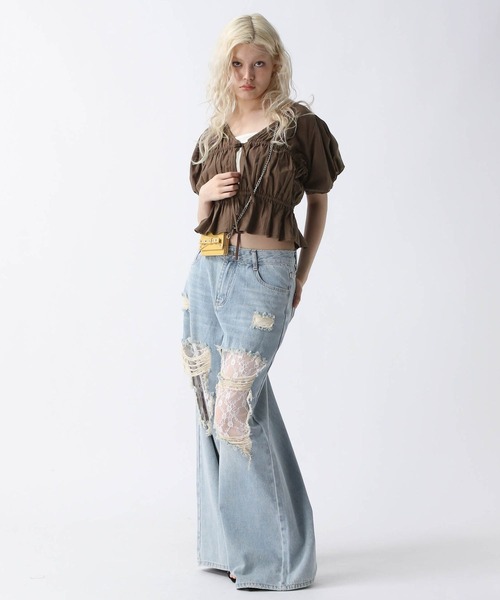 FOREVER 21（フォーエバー トゥエンティーワン）の「【2025SS】フロントリボンコットンパフブラウス（シャツ/ブラウス・レディース・オフホワイト/ブラック/ベージュ・FREE）」の6枚目の写真