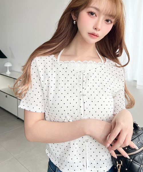 セール】キャミレイヤード風半袖カーデトップス（Tシャツ/カットソー