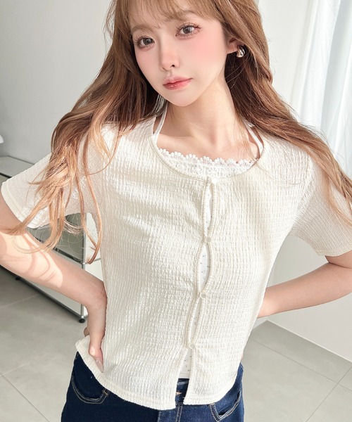 【ミーア】CFCL 半袖トップス セール】キャミレイヤード風半袖カーデトップス（Tシャツ/カットソー