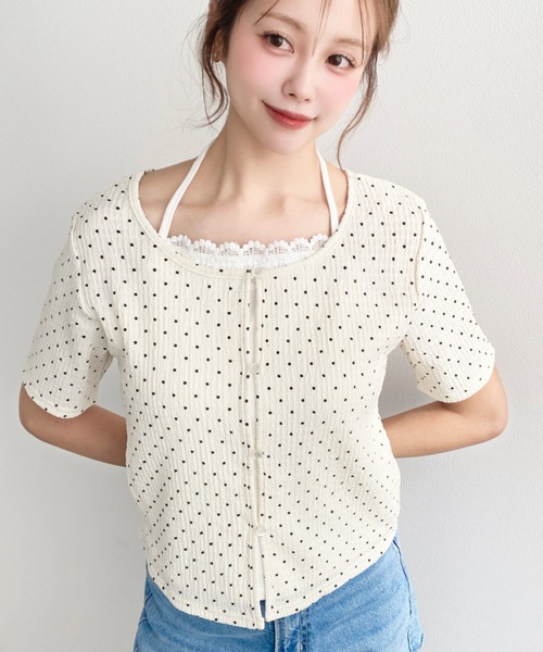 moment+（モーメントプラス）の「キャミレイヤード風半袖カーデトップス（Tシャツ/カットソー・レディース・イエロー系その他/ナチュラル/ホワイト系その他/オフホワイト/ブラック/ブラック系その他・M）」の6枚目の写真