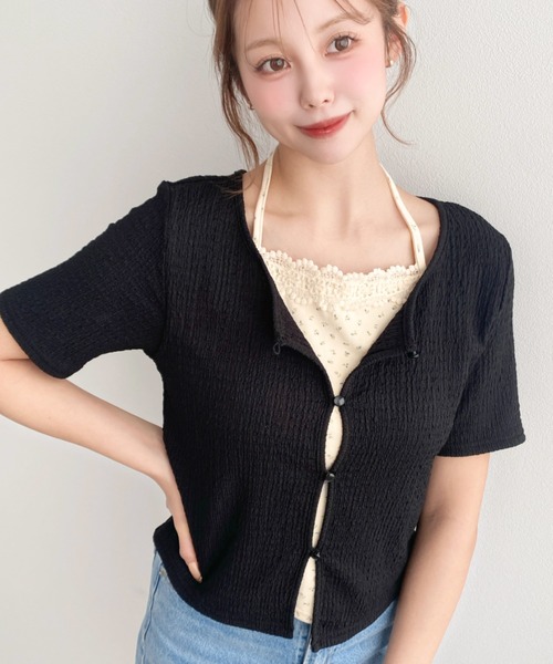 moment+（モーメントプラス）の「キャミレイヤード風半袖カーデトップス（Tシャツ/カットソー・レディース・イエロー系その他/ナチュラル/ホワイト系その他/オフホワイト/ブラック/ブラック系その他・M）」の4枚目の写真