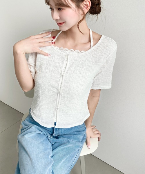 moment+（モーメントプラス）の「キャミレイヤード風半袖カーデトップス（Tシャツ/カットソー・レディース・イエロー系その他/ナチュラル/ホワイト系その他/オフホワイト/ブラック/ブラック系その他・M）」の21枚目の写真