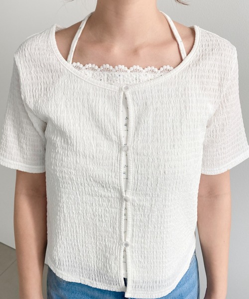 moment+（モーメントプラス）の「キャミレイヤード風半袖カーデトップス（Tシャツ/カットソー・レディース・イエロー系その他/ナチュラル/ホワイト系その他/オフホワイト/ブラック/ブラック系その他・M）」の20枚目の写真