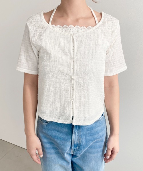 moment+（モーメントプラス）の「キャミレイヤード風半袖カーデトップス（Tシャツ/カットソー・レディース・イエロー系その他/ナチュラル/ホワイト系その他/オフホワイト/ブラック/ブラック系その他・M）」の19枚目の写真