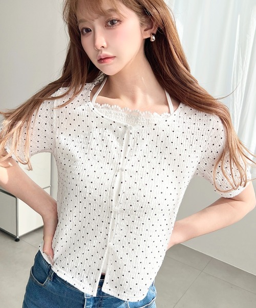 moment+（モーメントプラス）の「キャミレイヤード風半袖カーデトップス（Tシャツ/カットソー・レディース・イエロー系その他/ナチュラル/ホワイト系その他/オフホワイト/ブラック/ブラック系その他・M）」の7枚目の写真