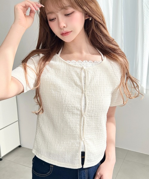 moment+（モーメントプラス）の「キャミレイヤード風半袖カーデトップス（Tシャツ/カットソー・レディース・イエロー系その他/ナチュラル/ホワイト系その他/オフホワイト/ブラック/ブラック系その他・M）」の15枚目の写真