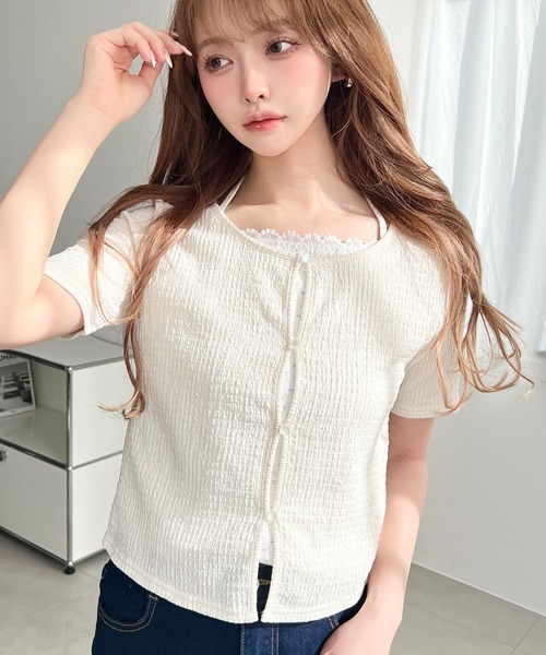 moment+（モーメントプラス）の「キャミレイヤード風半袖カーデトップス（Tシャツ/カットソー・レディース・イエロー系その他/ナチュラル/ホワイト系その他/オフホワイト/ブラック/ブラック系その他・M）」の12枚目の写真