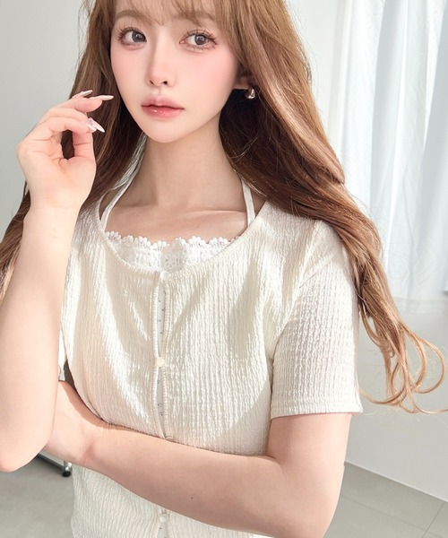 moment+（モーメントプラス）の「キャミレイヤード風半袖カーデトップス（Tシャツ/カットソー・レディース・イエロー系その他/ナチュラル/ホワイト系その他/オフホワイト/ブラック/ブラック系その他・M）」の13枚目の写真