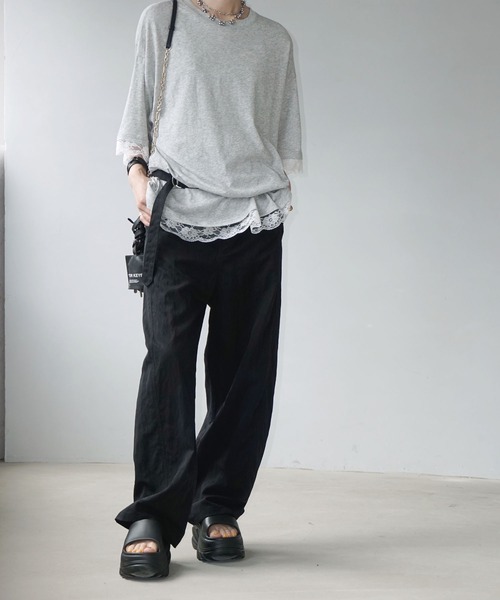 ベルト付き テクスチャー ハイウエストパンツ chw25s068-ファッション