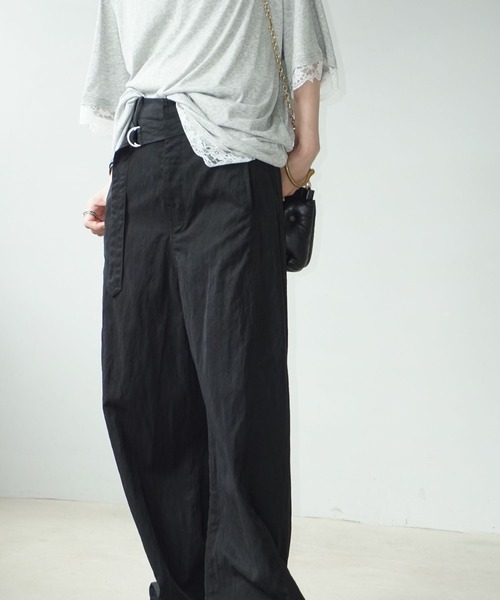 ベルト付き テクスチャー ハイウエストパンツ chw25s068-ファッション