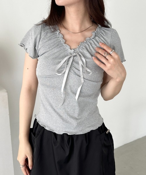 CLEA(クレア)の「フロントリボンギャザーメロウトップス(Tシャツ/カットソー・レディース・アイボリー/グレー/ホワイト・FREE)」の18枚目の写真