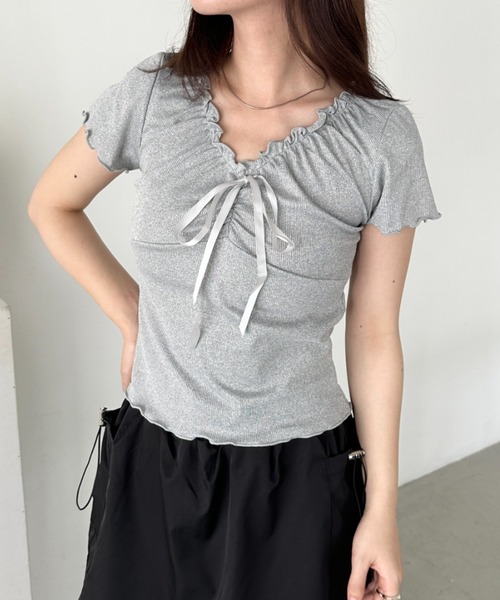 CLEA(クレア)の「フロントリボンギャザーメロウトップス(Tシャツ/カットソー・レディース・アイボリー/グレー/ホワイト・FREE)」の19枚目の写真