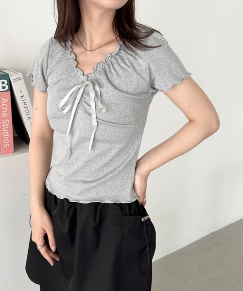 CLEA(クレア)の「フロントリボンギャザーメロウトップス(Tシャツ/カットソー・レディース・アイボリー/グレー/ホワイト・FREE)」の20枚目の写真