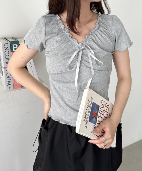 CLEA(クレア)の「フロントリボンギャザーメロウトップス(Tシャツ/カットソー・レディース・アイボリー/グレー/ホワイト・FREE)」の21枚目の写真