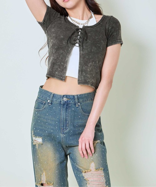 GORGE(ゴージ)の「《編み上げ×ピグメント加工》レイヤード風コンパクトトップス(Tシャツ/カットソー・レディース・ボルドー/スミクロ/カーキ・F)」の7枚目の写真