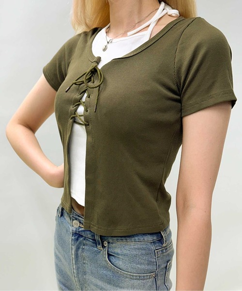 GORGE(ゴージ)の「《編み上げ×ピグメント加工》レイヤード風コンパクトトップス(Tシャツ/カットソー・レディース・ボルドー/スミクロ/カーキ・F)」の10枚目の写真