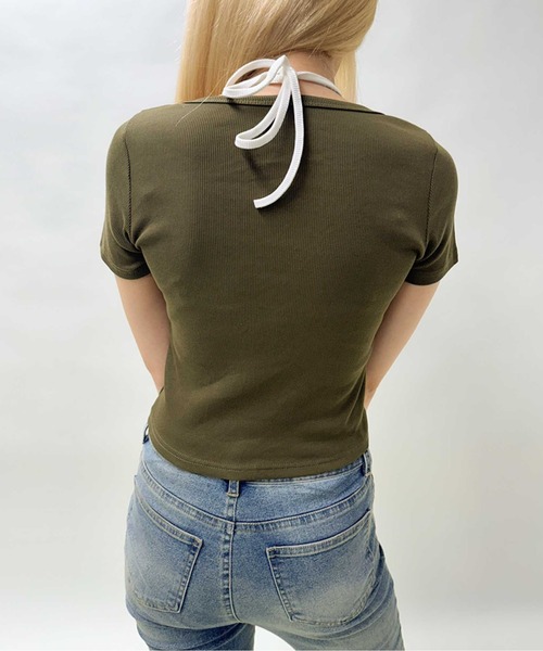 GORGE(ゴージ)の「《編み上げ×ピグメント加工》レイヤード風コンパクトトップス(Tシャツ/カットソー・レディース・ボルドー/スミクロ/カーキ・F)」の11枚目の写真