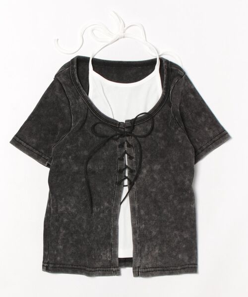 GORGE(ゴージ)の「《編み上げ×ピグメント加工》レイヤード風コンパクトトップス(Tシャツ/カットソー・レディース・ボルドー/スミクロ/カーキ・F)」の17枚目の写真
