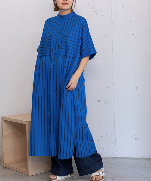 POU DOU DOU（プードゥドゥ）の「ストライプアウトポケットシャツワンピース（ワンピース・レディース・アイボリー/ベージュ/ブルー・M）」の3枚目の写真