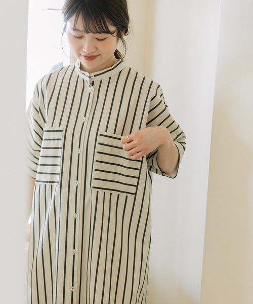 POU DOU DOU（プードゥドゥ）の「ストライプアウトポケットシャツワンピース（ワンピース・レディース・アイボリー/ベージュ/ブルー・M）」の21枚目の写真