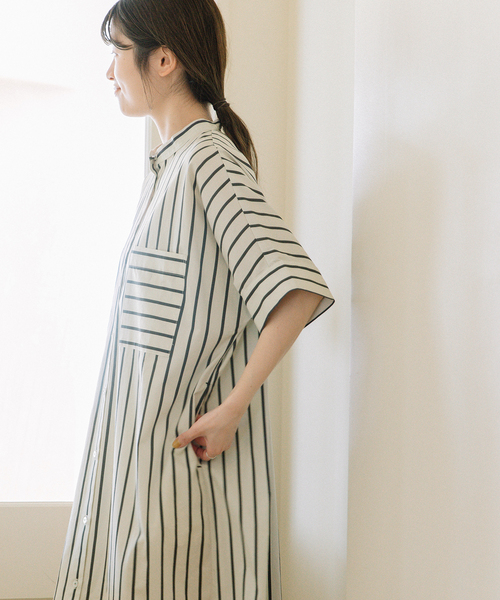 POU DOU DOU（プードゥドゥ）の「ストライプアウトポケットシャツワンピース（ワンピース・レディース・アイボリー/ベージュ/ブルー・M）」の20枚目の写真