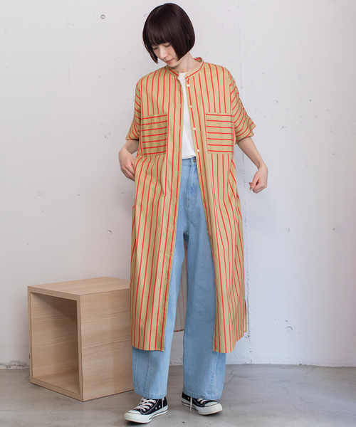 POU DOU DOU（プードゥドゥ）の「ストライプアウトポケットシャツワンピース（ワンピース・レディース・アイボリー/ベージュ/ブルー・M）」の16枚目の写真