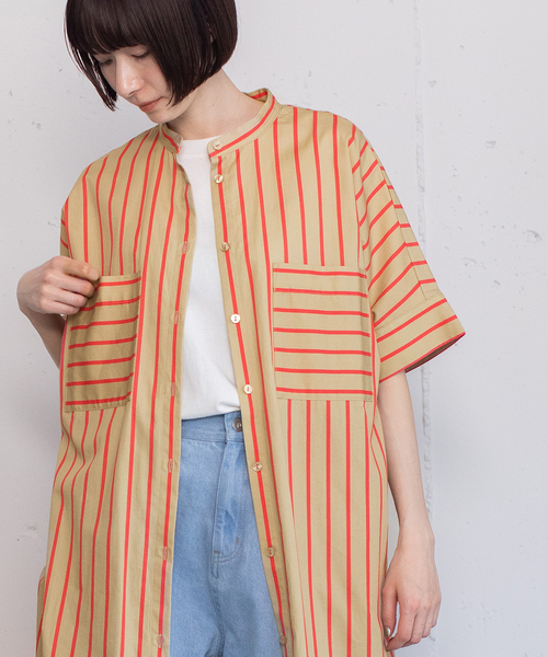 POU DOU DOU（プードゥドゥ）の「ストライプアウトポケットシャツワンピース（ワンピース・レディース・アイボリー/ベージュ/ブルー・M）」の9枚目の写真