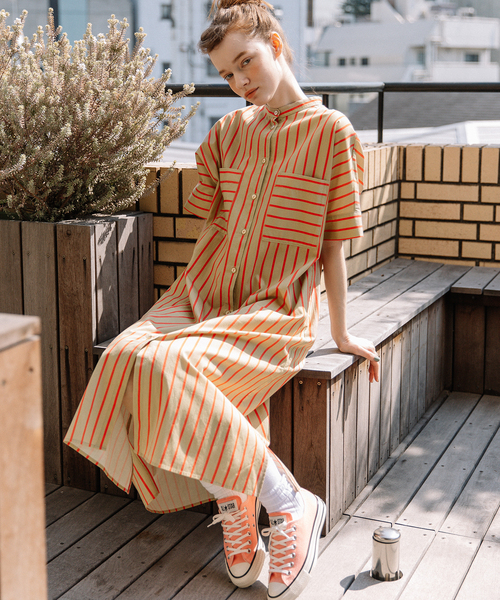 POU DOU DOU（プードゥドゥ）の「ストライプアウトポケットシャツワンピース（ワンピース・レディース・アイボリー/ベージュ/ブルー・M）」の8枚目の写真